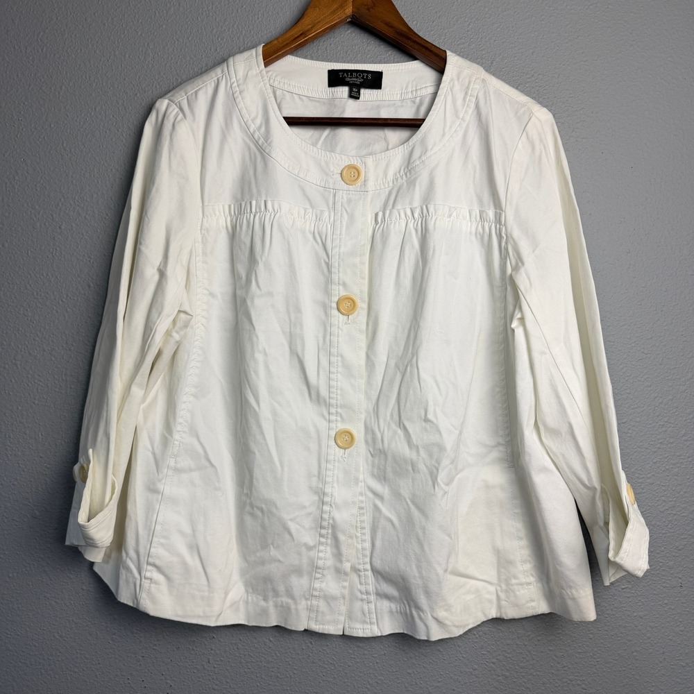 Talbots Petite White Cotton Blend Button Front Cropped Peplum Jacket Size 16P